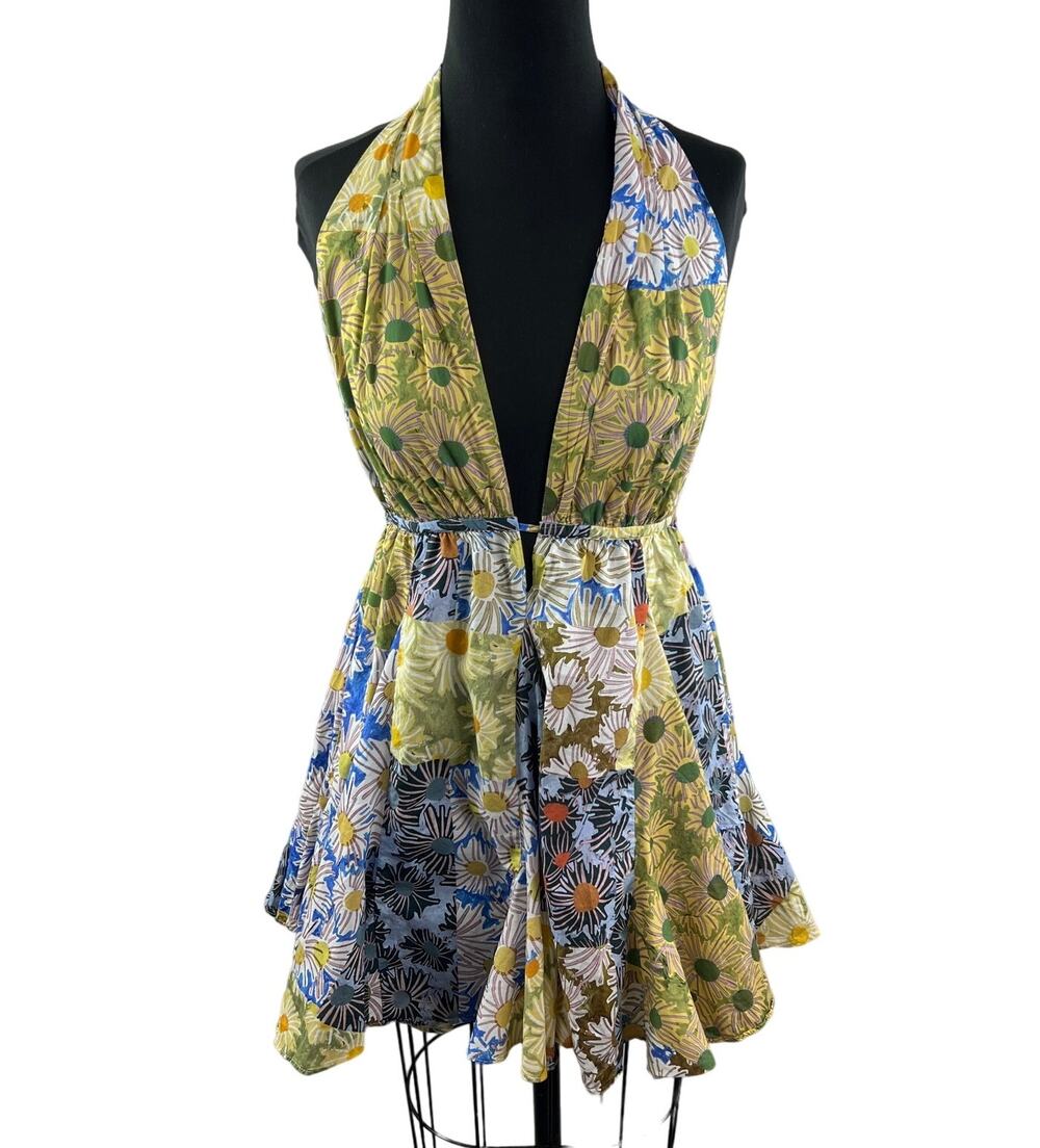 ZARA Womens Halter Neck Top Yellow Blue Floral Print Deep V-Neck Size L Large